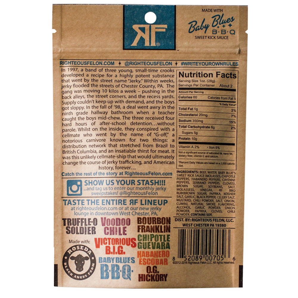 Righteous Felon Craft Jerky 10004 Beef Jerky, Baby Blues BBQ, 2 oz - 2