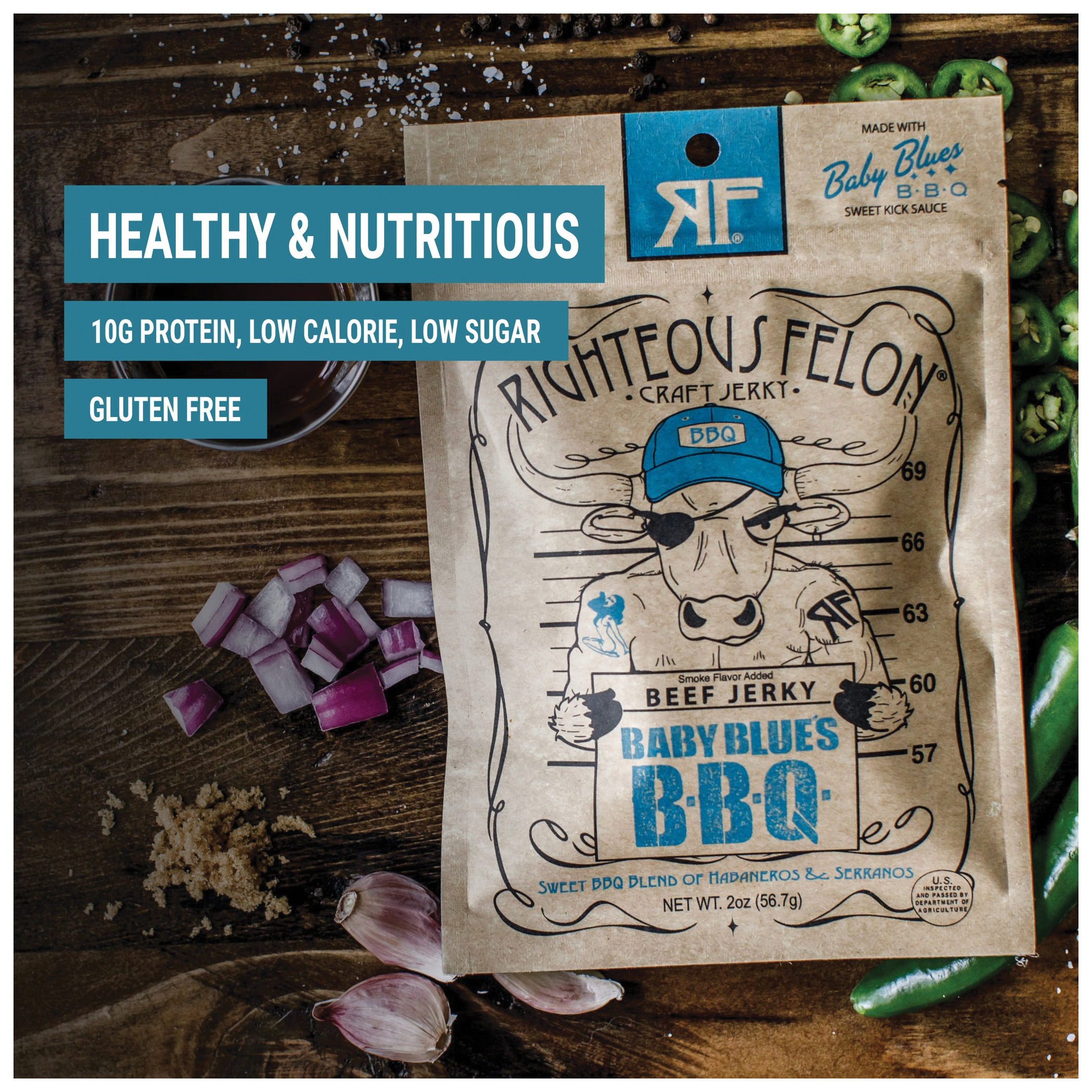 Righteous Felon Craft Jerky 10004 Beef Jerky, Baby Blues BBQ, 2 oz - 3