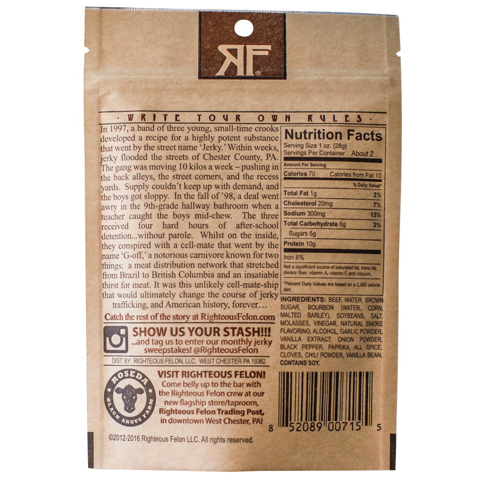 Righteous Felon Craft Jerky 100BJ Beef Jerky, Bourbon Franklin, 2 oz - 2