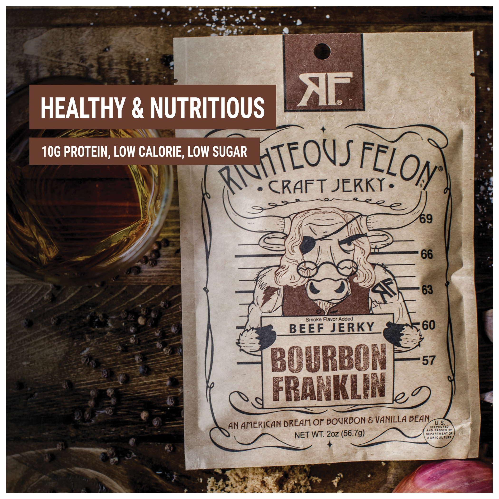 Righteous Felon Craft Jerky 100BJ Beef Jerky, Bourbon Franklin, 2 oz - 3
