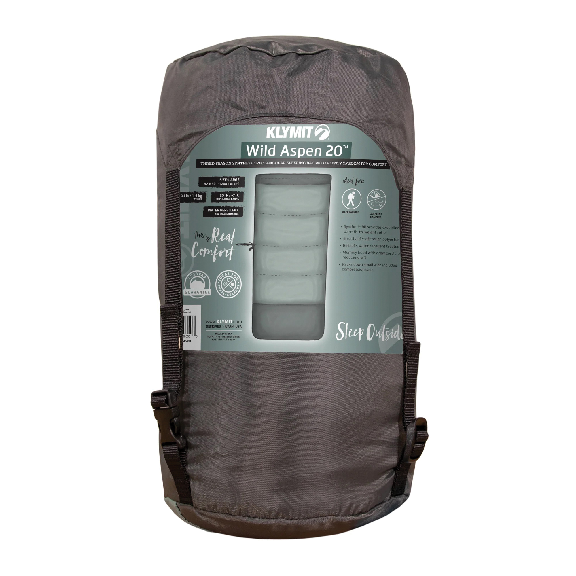 Klymit Wold Aspen 20 13WRGR20D Sleeping Bag, 74 in L, 34 in W, Rectangle, Polyester, Green - 3