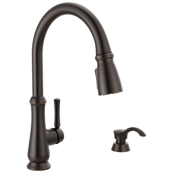 Dolman Kitchen Faucet, Delta, Pull Down, 1-Handle, Venetian Bronze, Includes Soap Dispenser - 1
