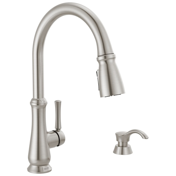 Dolman Kitchen Faucet, Delta, Pull Down, 1-Handle, Stainless, Includes Soap Dispenser - 1