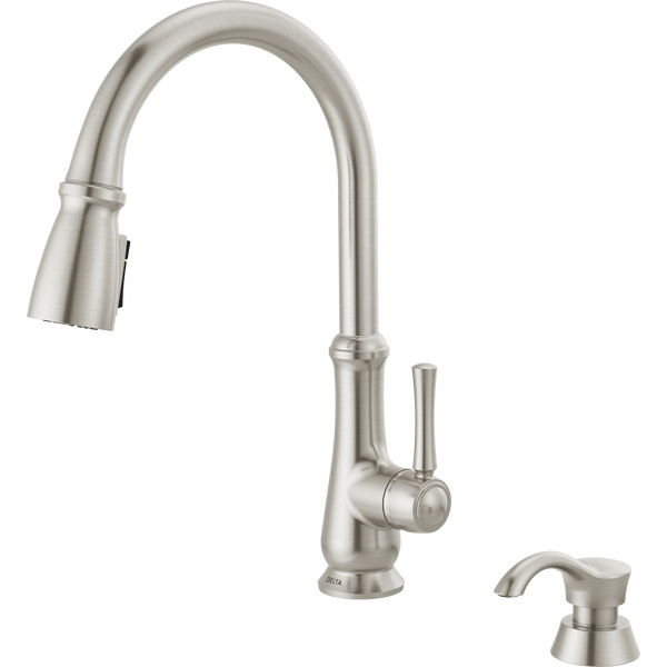 Dolman Kitchen Faucet, Delta, Pull Down, 1-Handle, Stainless, Includes Soap Dispenser - 4
