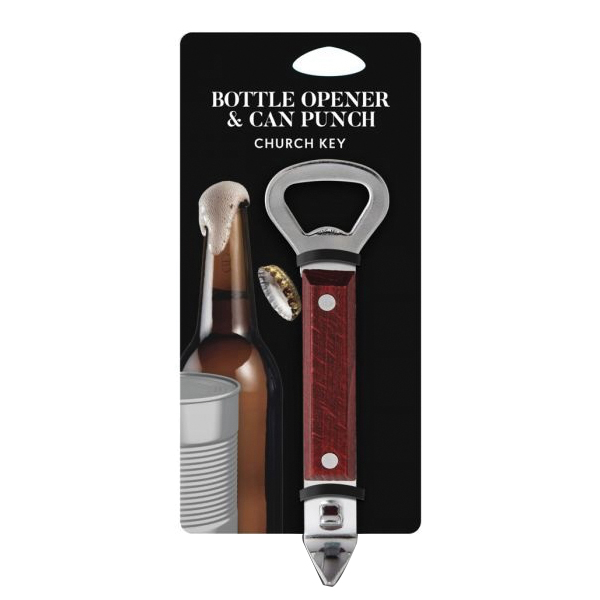 HIC 43900 Church Key Bottle Opener Can Punch, Steel, Beachwood Handle, 5-3/4 in OAL