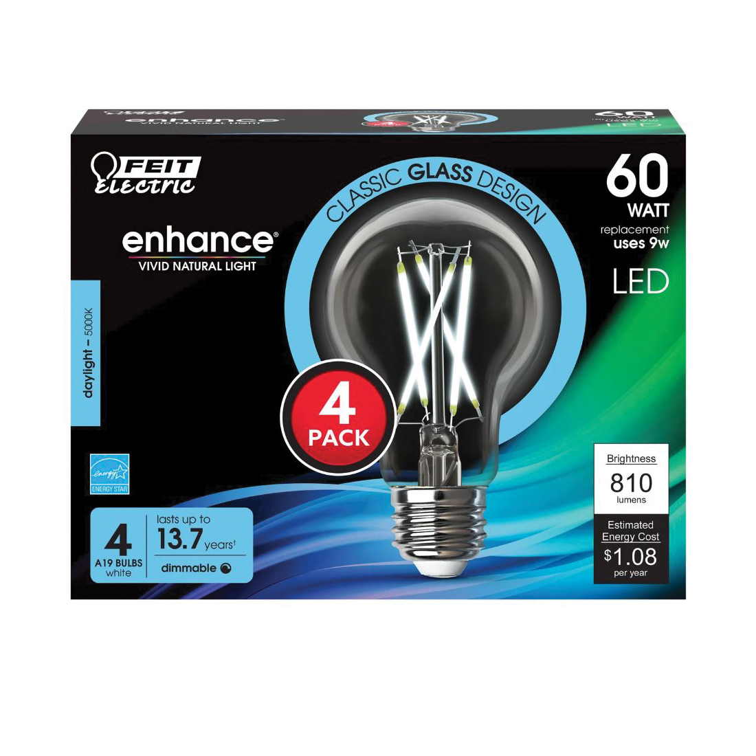 A1960CL950CA/FIL/4 Filament LED Light Bulb, A19 Lamp, 60 W Equivalent, E26 Medium Lamp Base, Dimmable