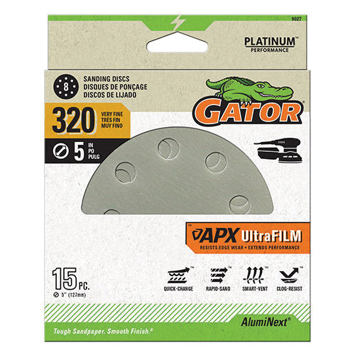 9027 Sanding Disc, 5 in Dia, 320 Grit, Aluminum Oxide Abrasive, Film Backing, 8-Hole