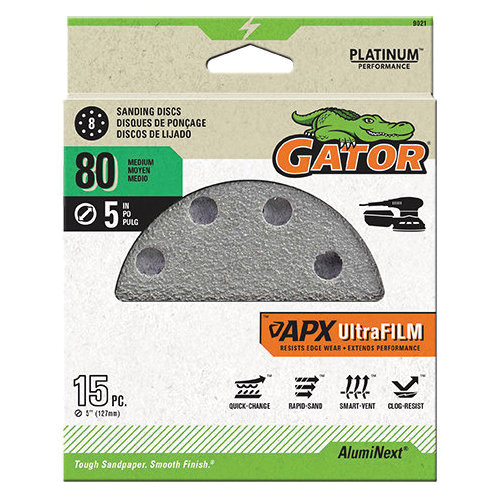 9021GA Sanding Disc, 5 in Dia, 80 Grit, Medium, Aluminum Oxide Abrasive, Film Backing, 8-Hole