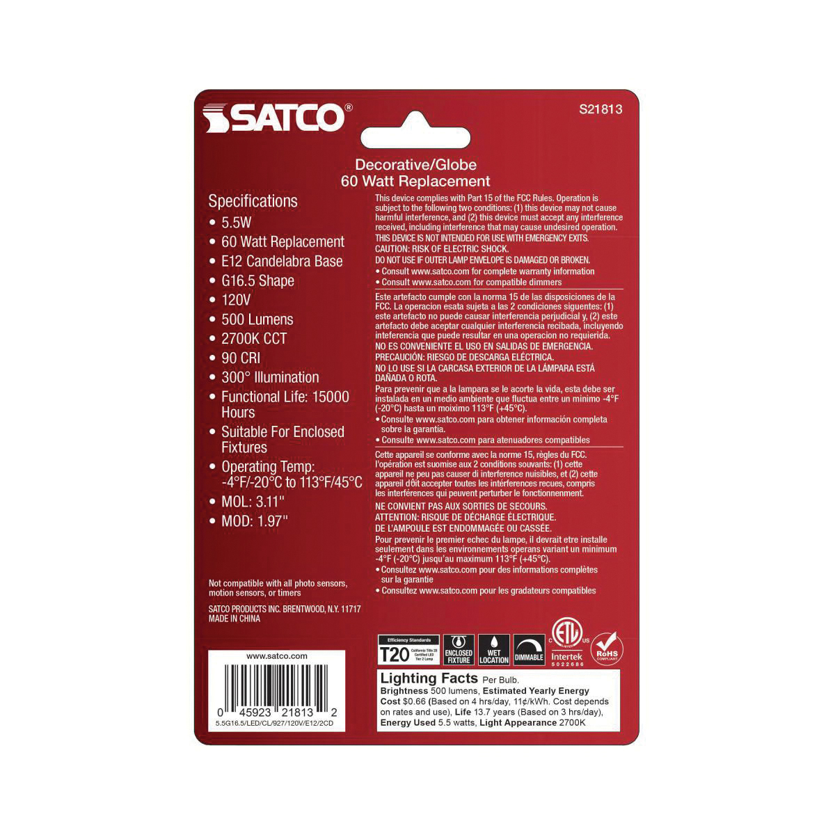 Satco S21813 LED Bulb, Globe G16.5 Lamp, 60 W Equivalent, E12 Candelabra Lamp Base, Dimmable, Clear, Warm White
