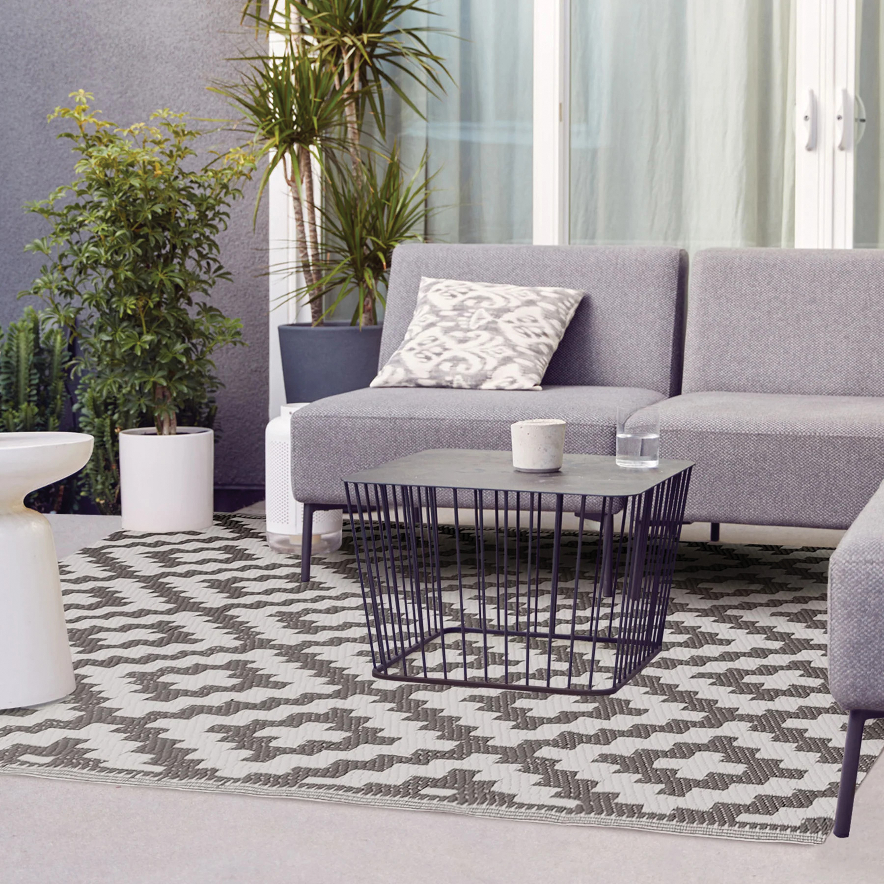 NinaMar S4228 Patio Rug, 4 ft L, 6 ft W, Diamond Pattern, Plastic Rug, Gray/White - 4