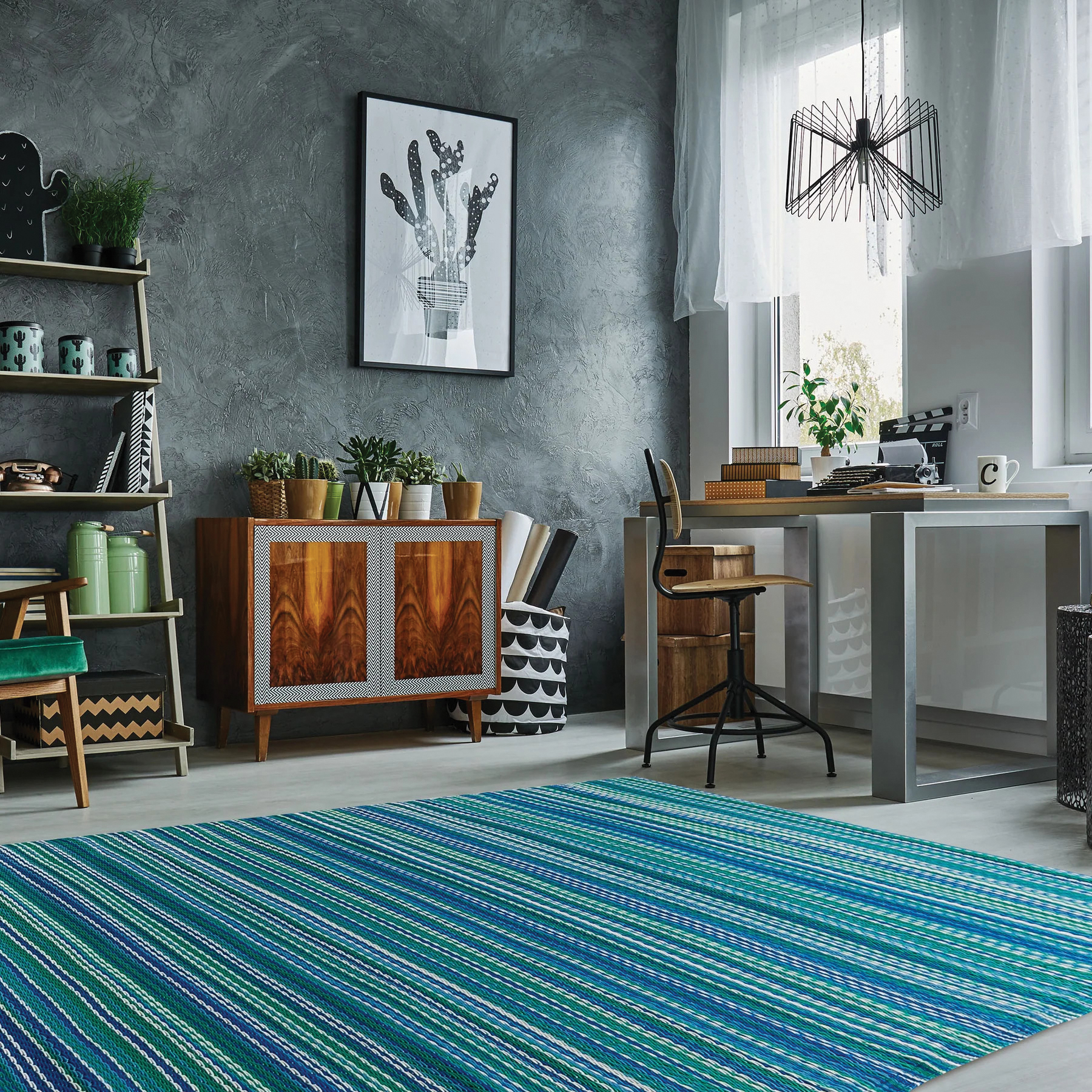 NinaMar S4235 Patio Rug, 5 ft L, 7 ft W, Balanced Stripes Pattern, Plastic Rug, Teal - 3