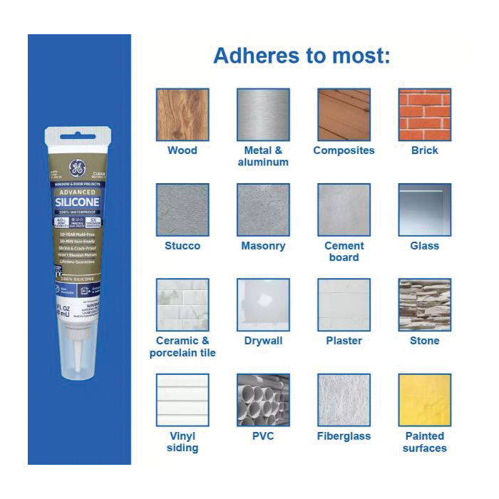 GE Advanced Silicone 2 2811092 Window & Door Sealant, Clear, 24 hr Curing, 10.1 fl-oz Cartridge
