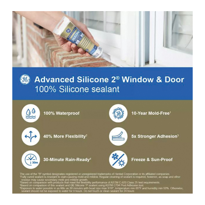 GE Advanced Silicone 2 2811092 Window & Door Sealant, Clear, 24 hr Curing, 10.1 fl-oz Cartridge
