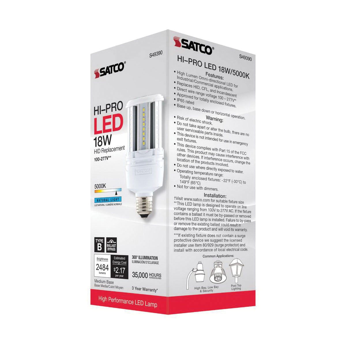 Satco S49390 LED Bulb, Corncob Lamp, E26 Medium Lamp Base, Clear, Natural, 5000 K Color Temp