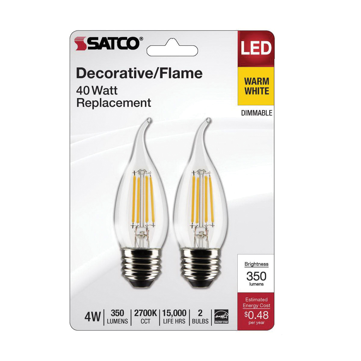Satco S21849 LED Bulb, CA10 Candle Lamp, 40 W Equivalent, E26 Medium Lamp Base, Dimmable, Clear, Warm White
