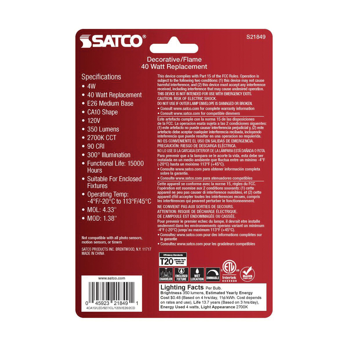 Satco S21849 LED Bulb, CA10 Candle Lamp, 40 W Equivalent, E26 Medium Lamp Base, Dimmable, Clear, Warm White