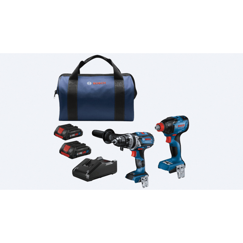 Cordless Combo Kit, Bosch, 18V, Brushless, 1/2 in Hammer Drill and Impact Driver/Wrench Kit, 4 Ah - 1