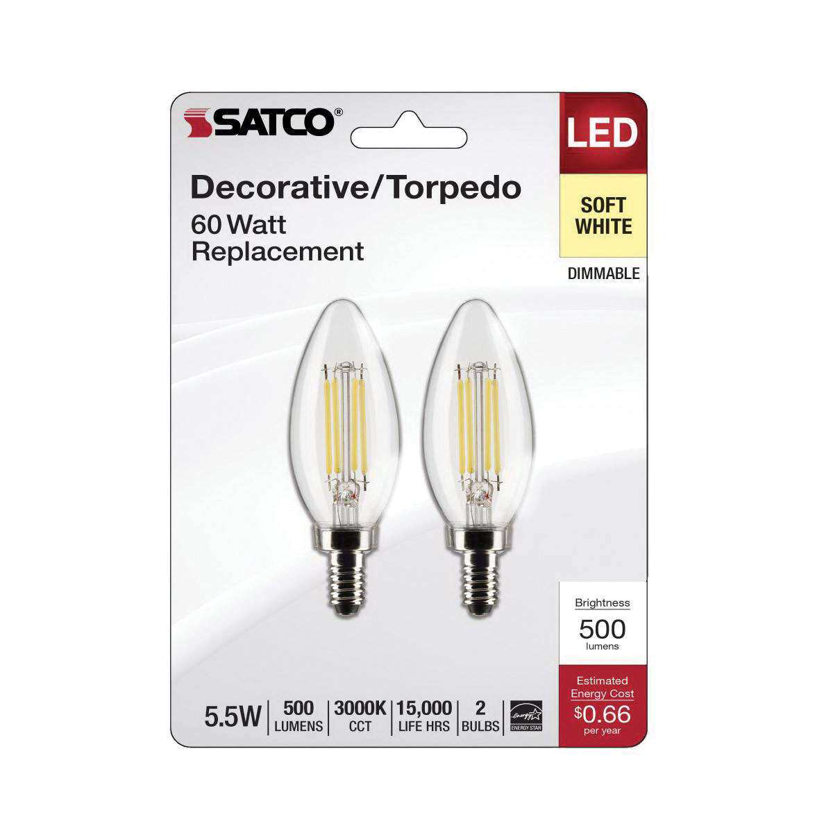 LED Bulb, Satco, 60 Watt Equivalent, B11, E12, 500 Lumens, 3000 K - 1