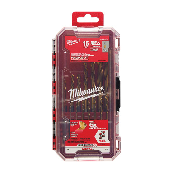 Milwaukee SHOCKWAVE Impact Duty RED HELIX 48-89-4670 Drill Bit Set, 15 -Piece, Steel, Titanium