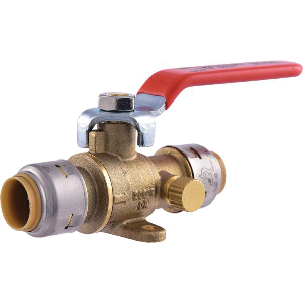 UR24615A Ball Valve with Drain and Mounting Tab, 1/2 in Connection, Push-Fit, 250 psi Pressure, Brass Body