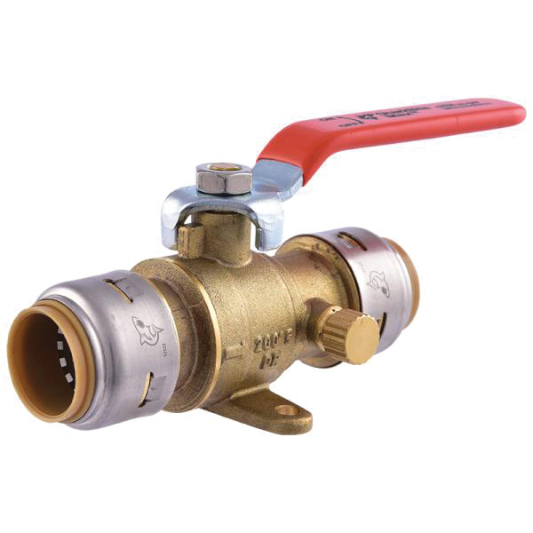 UR24616A Ball Valve with Drain and Mounting Tab, 3/4 in Connection, Push-Fit, 250 psi Pressure, Brass Body