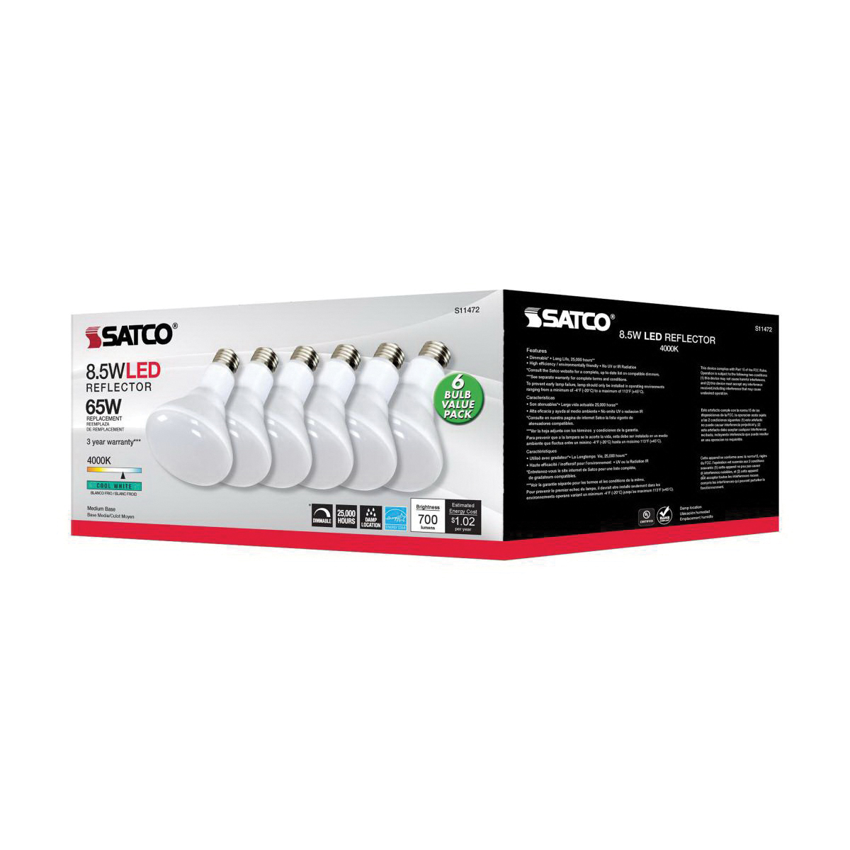 6-Pack LED Bulbs, Satco, 65 Watt Equivalent, BR30, E26, 700 Lumens, 4000 K - 1
