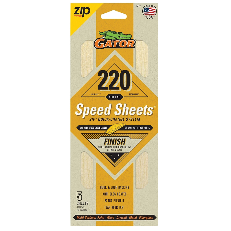 7477 Hook and Loop Sandpaper, 9 in L, 3-2/3 in W, 220 Grit, Aluminum Oxide Abrasive, Latex/Paper Backing