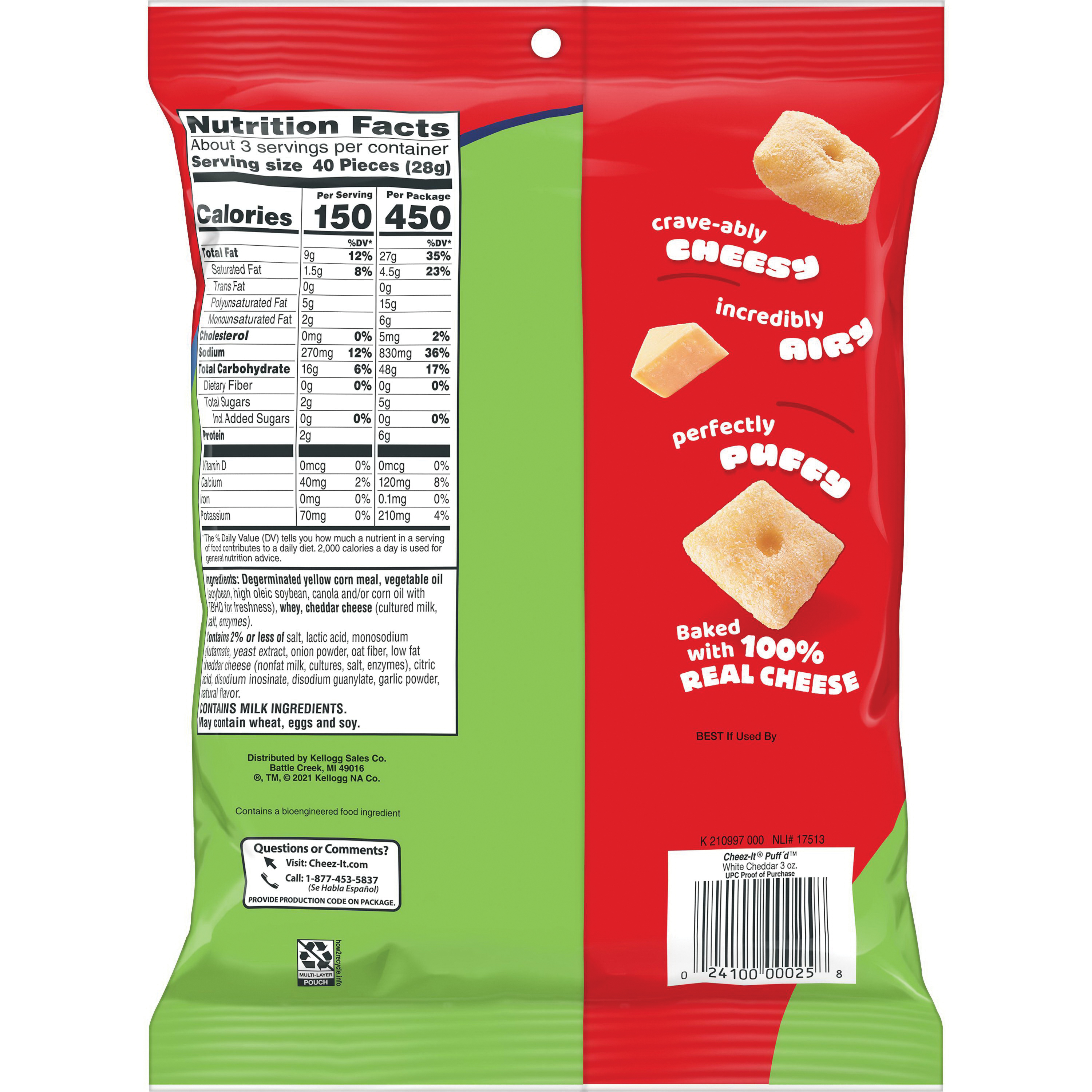 Cheez-It Puff'd 1000425 Cheesy Baked Snack, White Cheddar, 3 oz Pouch - 2