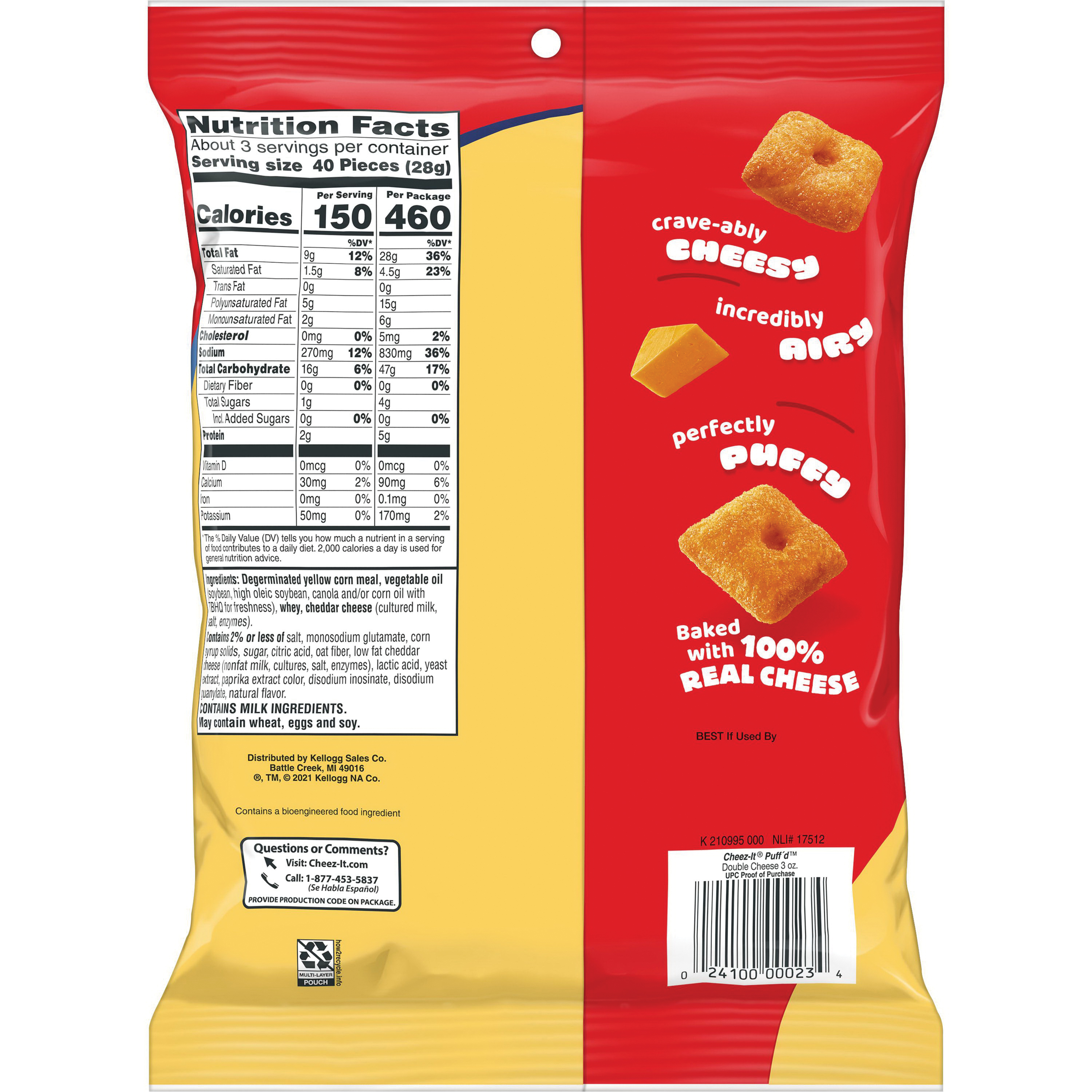 Cheez-It Puff'd 1000426 Cheesy Baked Snack, Double Cheese, 3 oz Pouch - 2
