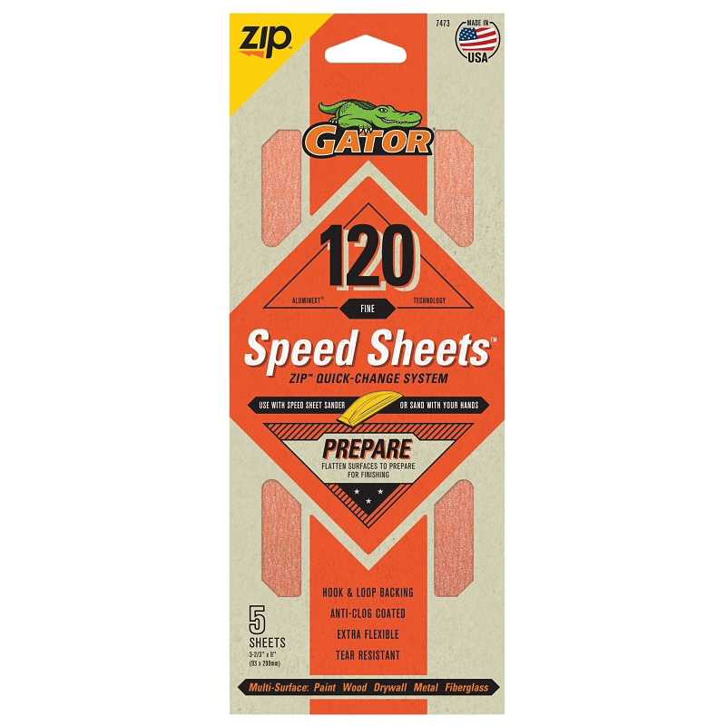 7473 Hook and Loop Sandpaper, 9 in L, 3-2/3 in W, 120 Grit, Aluminum Oxide Abrasive, Latex/Paper Backing