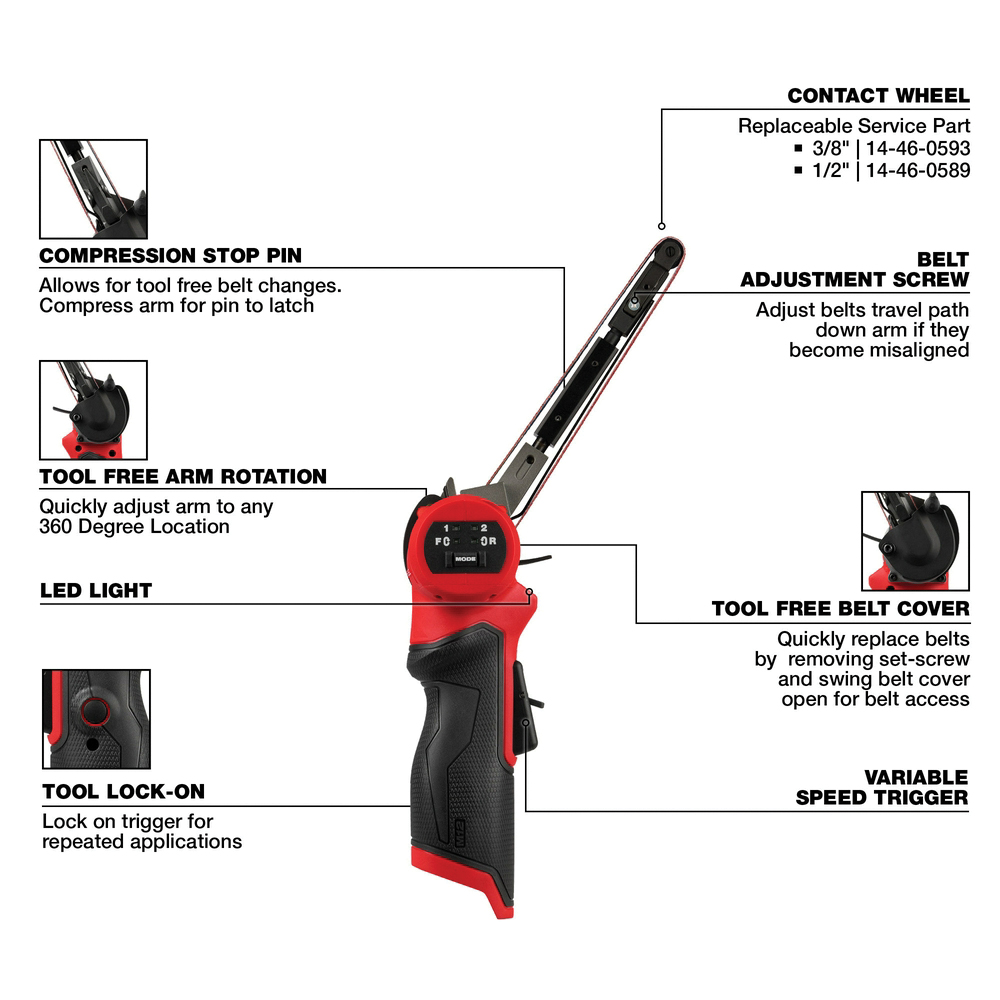 M12 FUEL Series Bandfile, Milwaukee, Tool Only, 12 V, 18 in L x 1/2 in W Belt, 1800, 3600 fpm Speed, Sanding Belt - 2