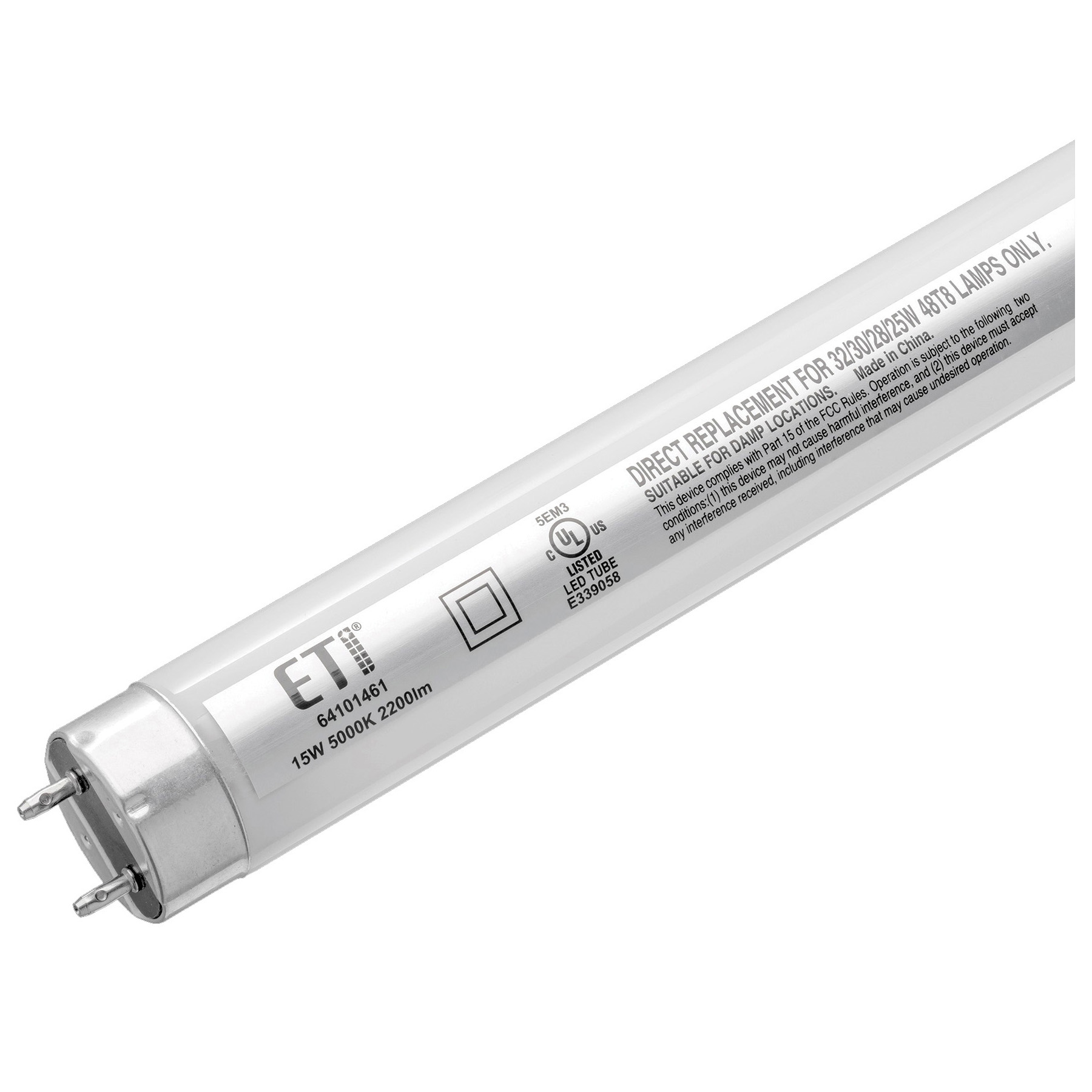 ETI T8BC-4-15-850-MV LED Light Tube, T8 Lamp, G13 Bi-Pin Lamp Base, Non-Dimmable, Daylight, 5000 K Color Temp