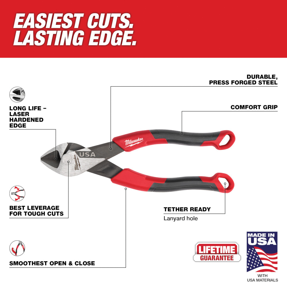 Diagonal Cutting Pliers, Milwaukee, 6 in OAL, 3/4 in Jaw Opening, Black/Red Handle - 3