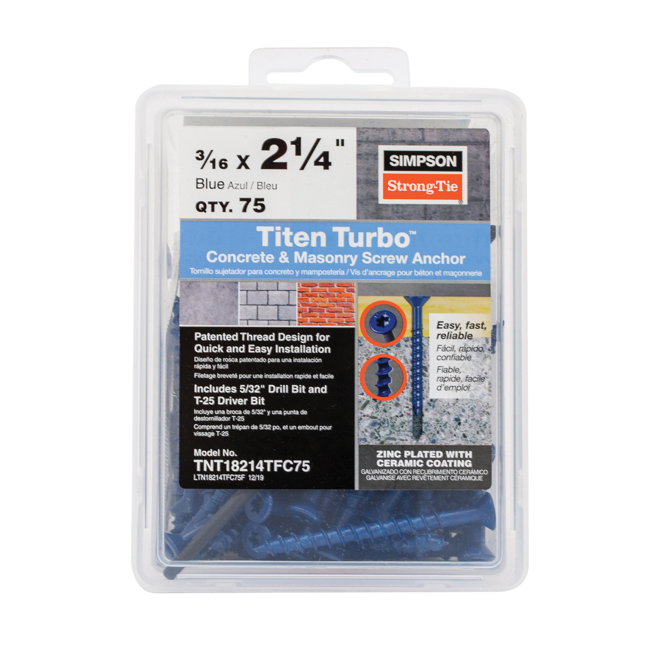 Titen Turbo TNT18214TFC75 Screw Anchor, 3/16 in Dia, 2-1/4 in L, Carbon Steel