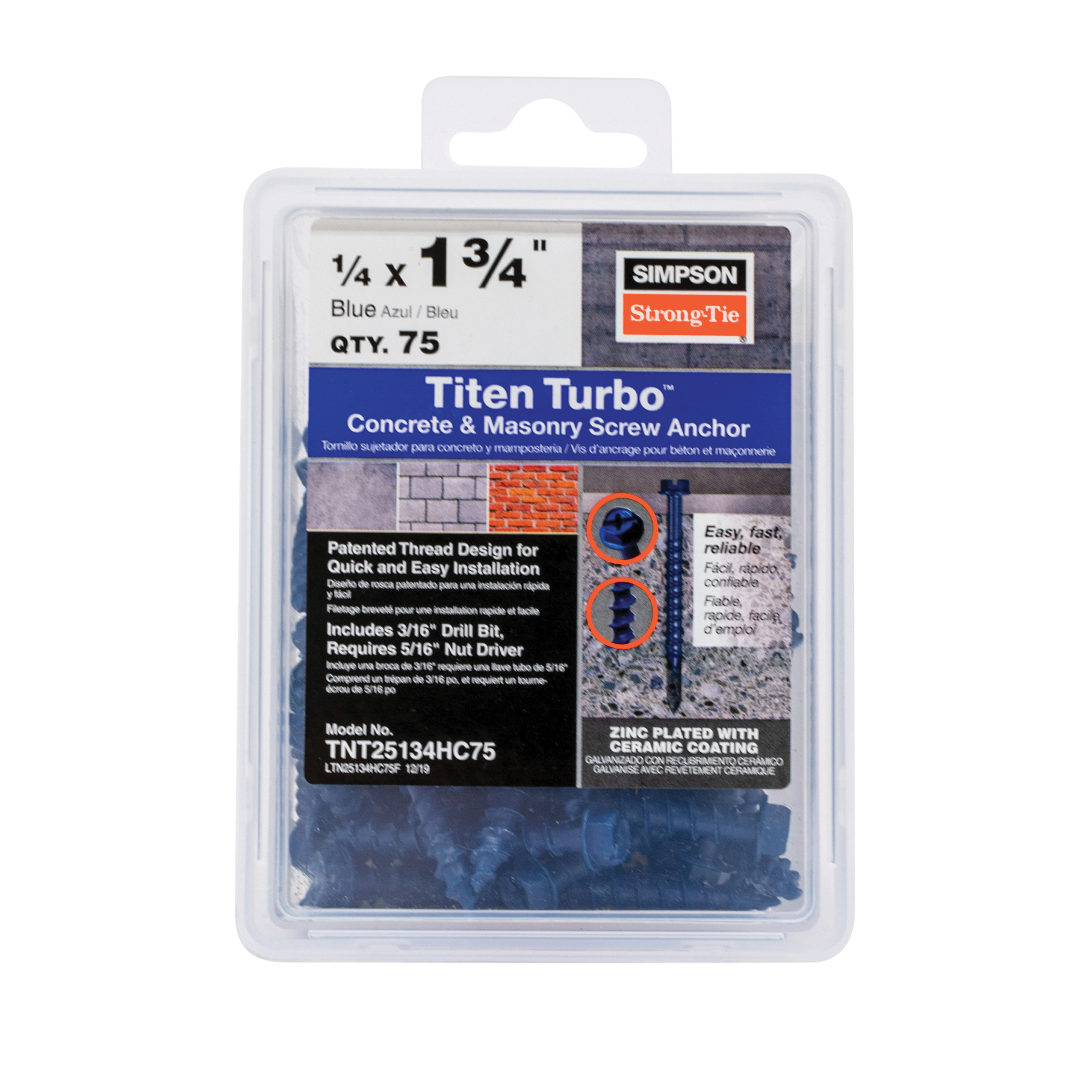 Titen Turbo TNT25134HC75 Screw Anchor, 1/4 in Dia, 1-3/4 in L, Carbon Steel, Ceramic-Coated/Zinc