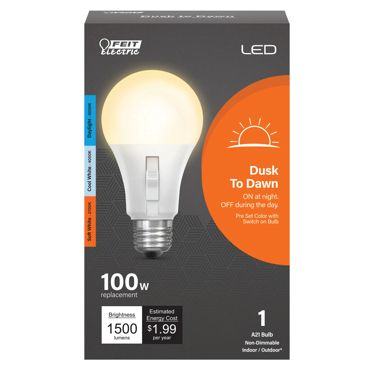 Feit Electric OM100/3CCTCA/DD/LEDI Dusk-to-Dawn LED Bulb, Color Selectable, A21 Lamp, E26 Lamp Base, White