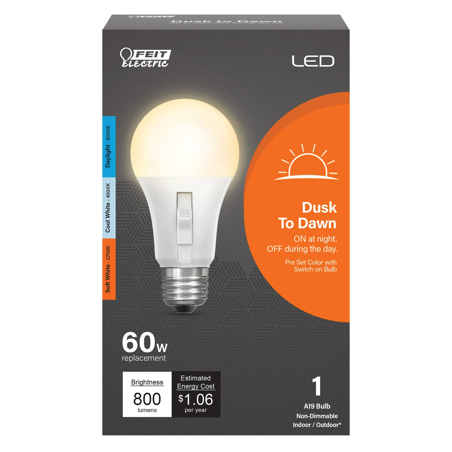 Feit Electric OM60/3CCTCA/DD/LEDI Dusk-to-Dawn LED Bulb, Color Selectable, A19 Lamp, E26 Lamp Base, White