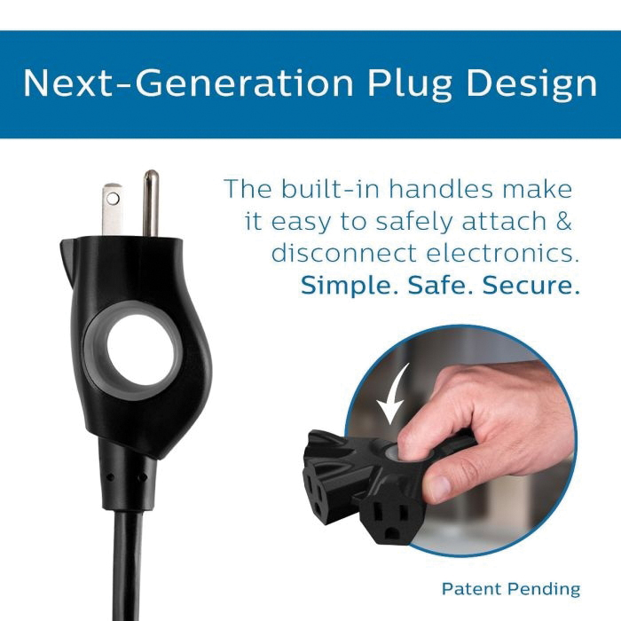 Philips EZGrip Series SPC3083EZT1/37 Extension Cord, 16 AWG Cable, 3-Outlet, 3-Prong, 8 ft L, 13 A, 125 V, Black - 2