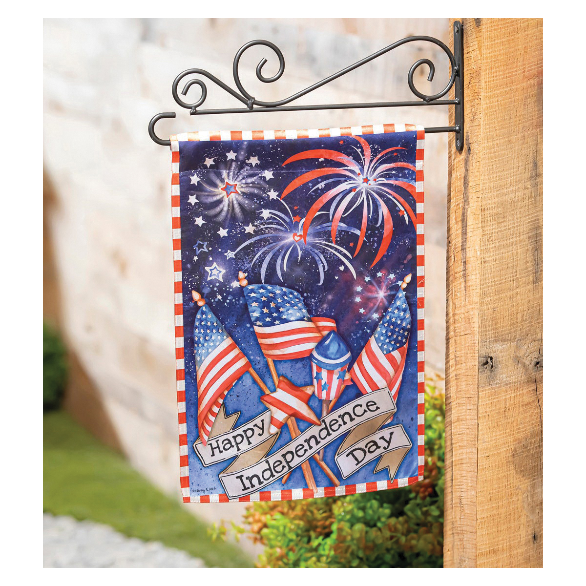 Evergreen Enterprises EGC2FM Garden Luster Flag, 18 in L, 13 in W, Patriotic Fireworks, Happy Independence Day - 2