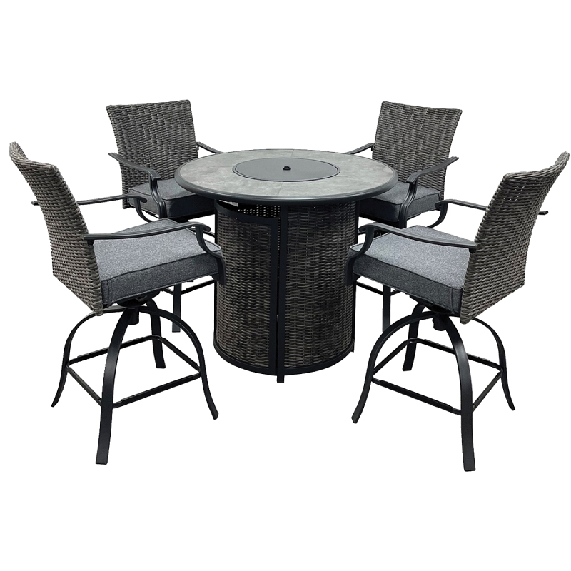 SH23S0880P Willow Creek Patio Bar Set with Firepit Table, Cushion/Steel/Tile/Wicker, Charcoal/Gray