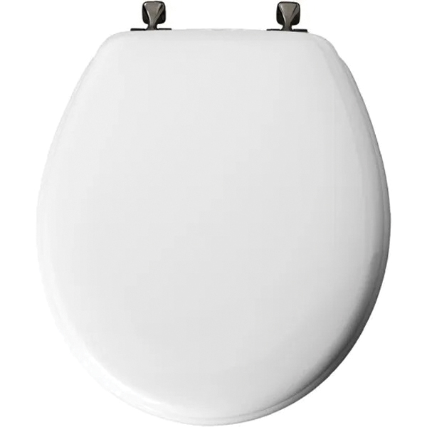 Edgewater Toilet Seat, Mayfair, Round, Enameled Wood, White with Brushed Nickel Hinges - 2