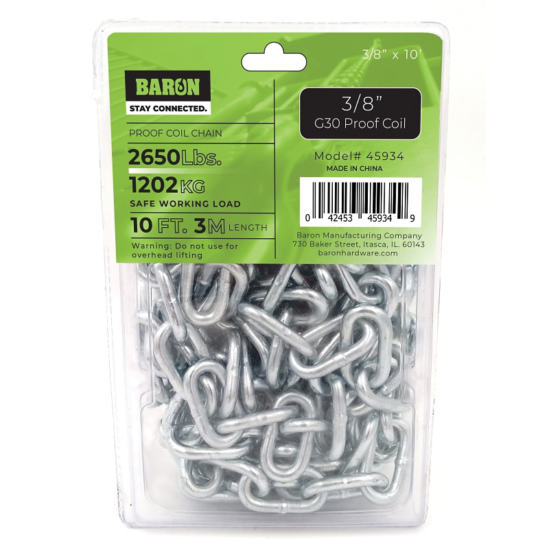 45934 Proof Coil Chain, 10 ft L, G30 Grade, Steel, Zinc Plated