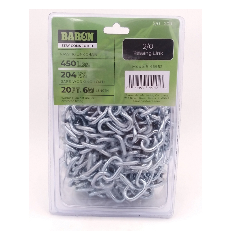 45952 Passing Link Chain, 2/0, 20 ft L, 450 lb Working Load, Low Carbon Steel, Electro Galvanized/Zinc Plated