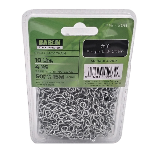 45963 Single Jack Chain, #16, 50 ft L, Steel, Galvanized/Zinc Plated, 10 lb Working Load