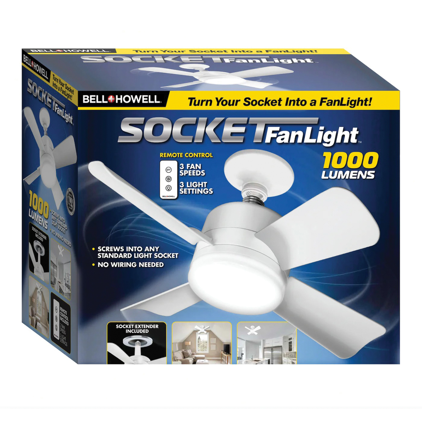 8563 Socket Ceiling Fan and Light, 4-Blade, White Housing, White Blade, ABS Blade, 3-Speed, With Lights: Yes