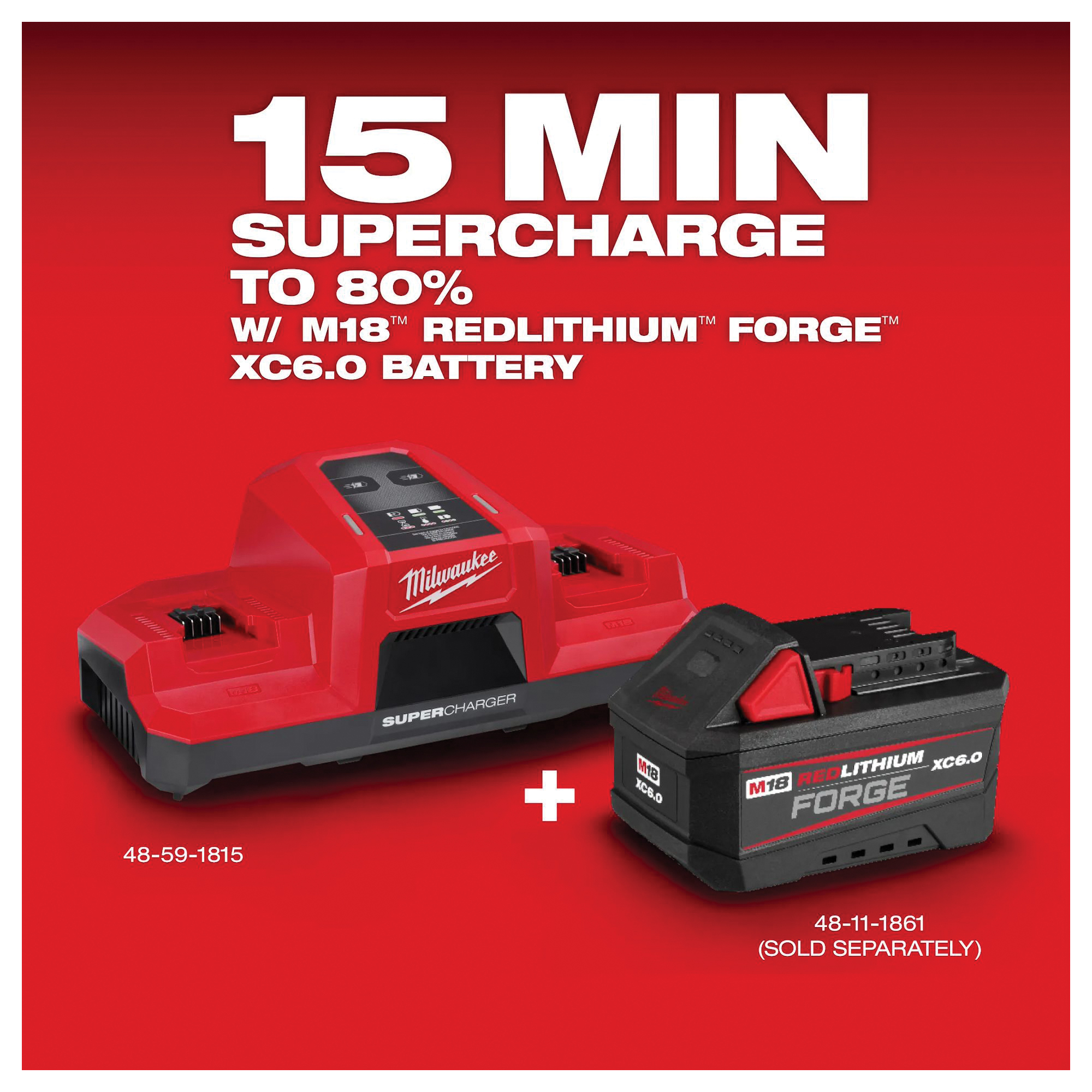 Milwaukee M18 48-59-1815 Dual Bay Simultaneous Super Charger, 120 V, 15 min Charge
