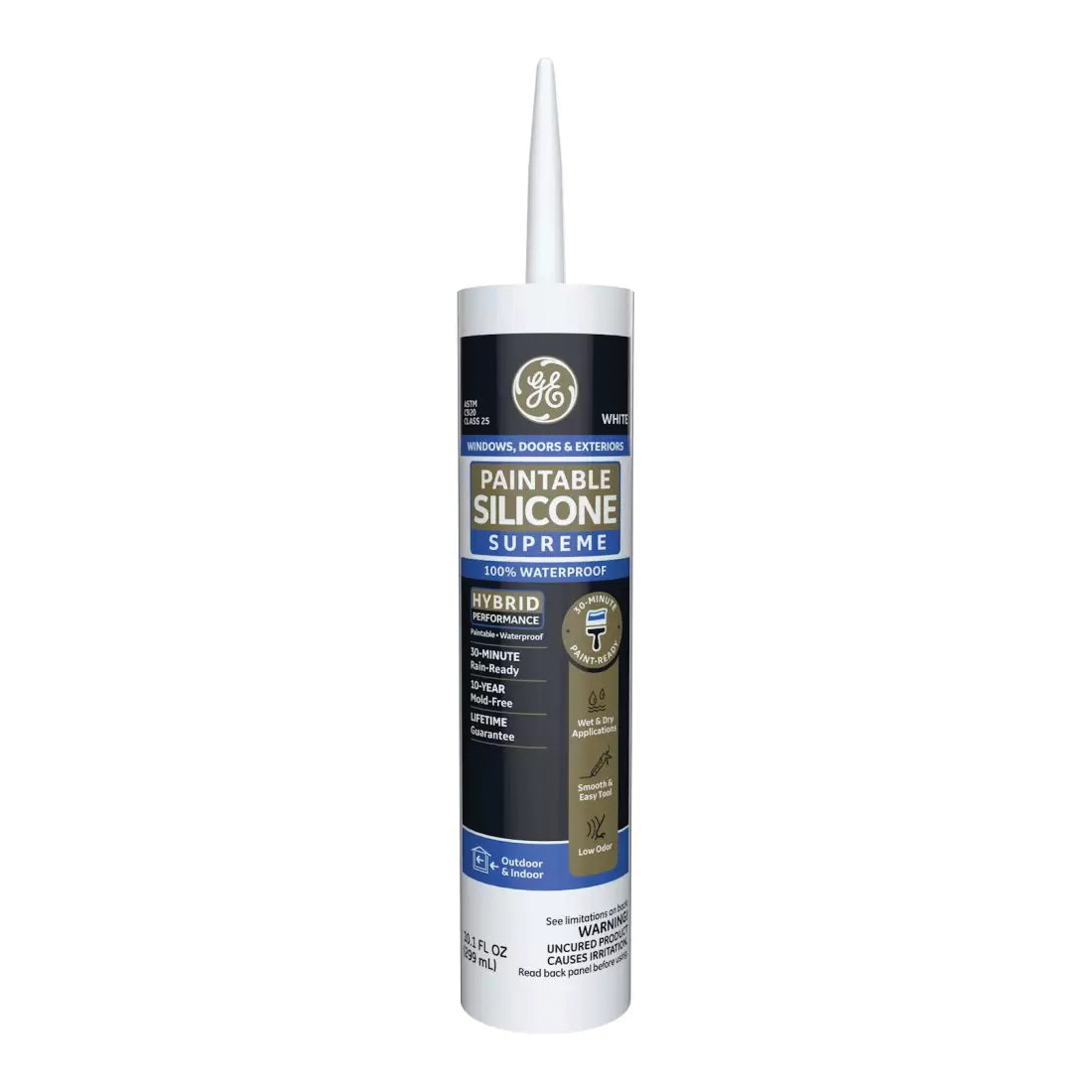 GE Paintable Silicone Supreme 2733730 Window & Door Sealant, White, 24 hr Curing, 9.5 fl-oz Cartridge - 1