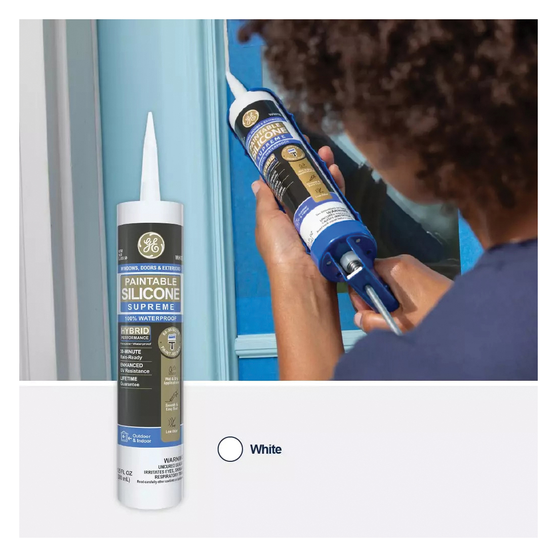 GE Paintable Silicone Supreme 2733730 Window & Door Sealant, White, 24 hr Curing, 9.5 fl-oz Cartridge - 3