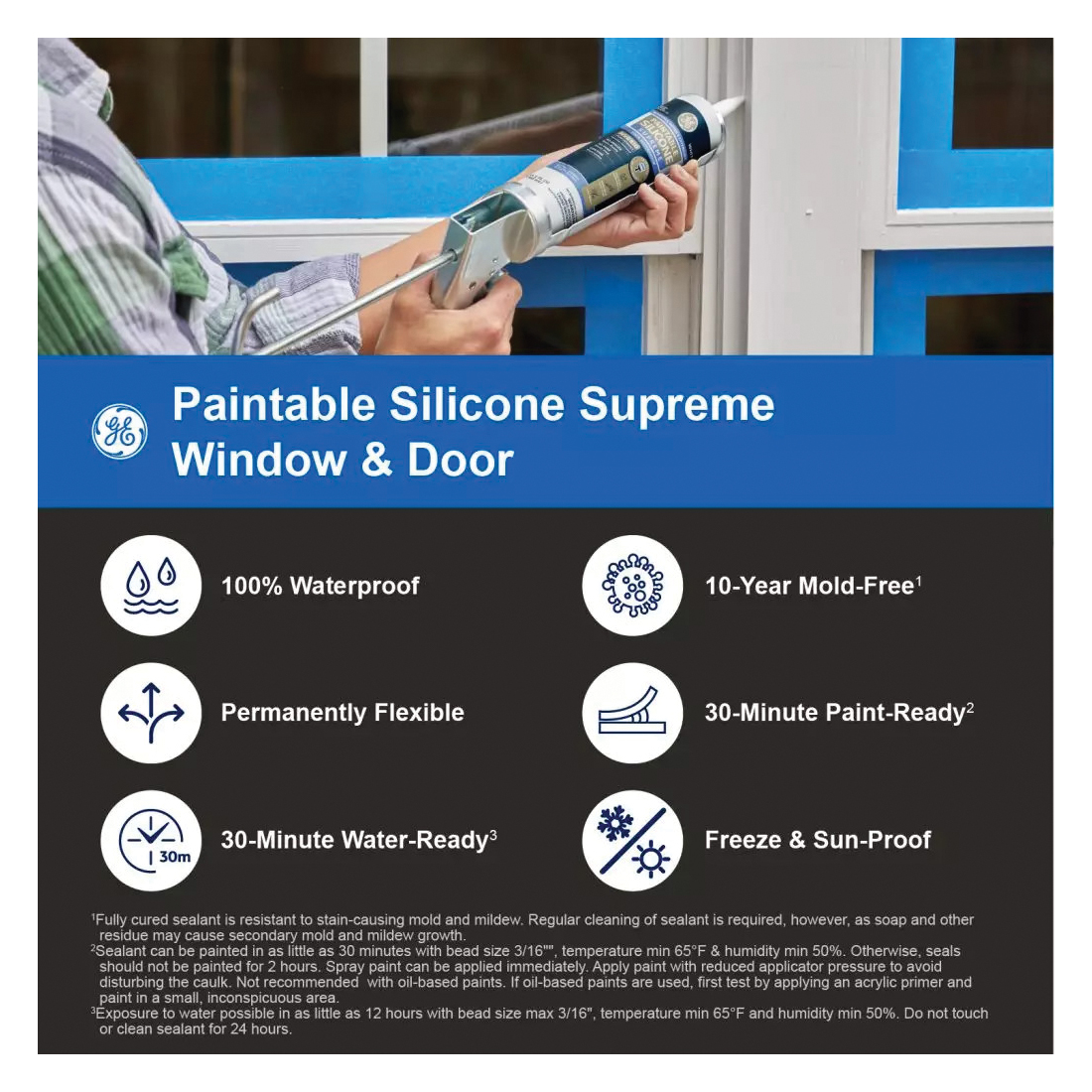 GE Paintable Silicone Supreme 2733730 Window & Door Sealant, White, 24 hr Curing, 9.5 fl-oz Cartridge - 4