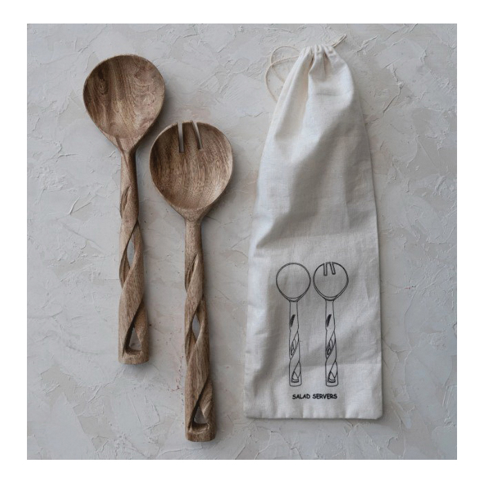 Creative Co-Op DF7400 Salad Server, 2-Piece, Wood, Natural, Specifications: 11 in Length - 2